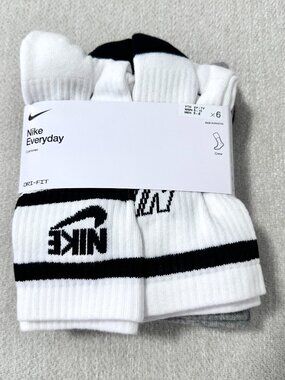 6 Pairs Mens Nike Dri Fit Cushioned Socks Crew White Black Size M CK7302-904 NEW